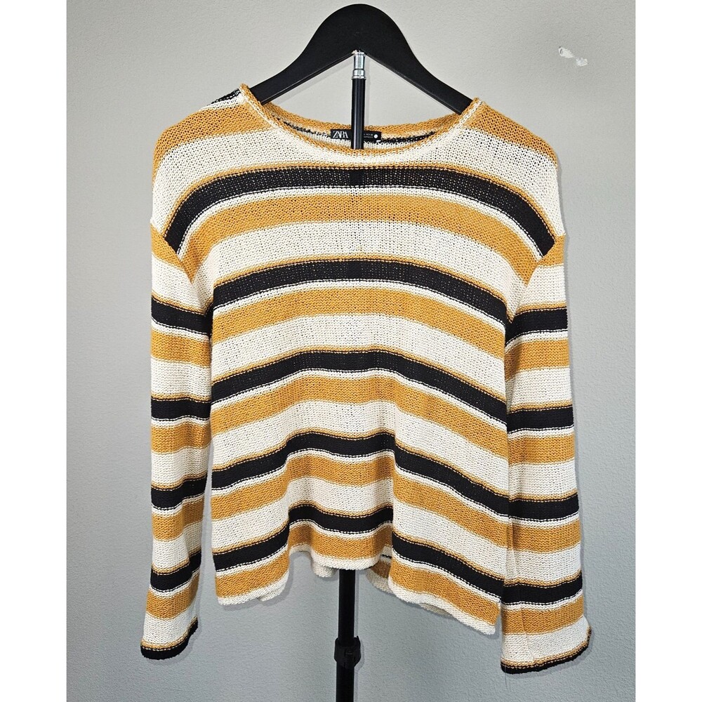 ZARA Knit Sweater Womens Large Mustard Stripe Lightweight Cropped L/S Boho Top